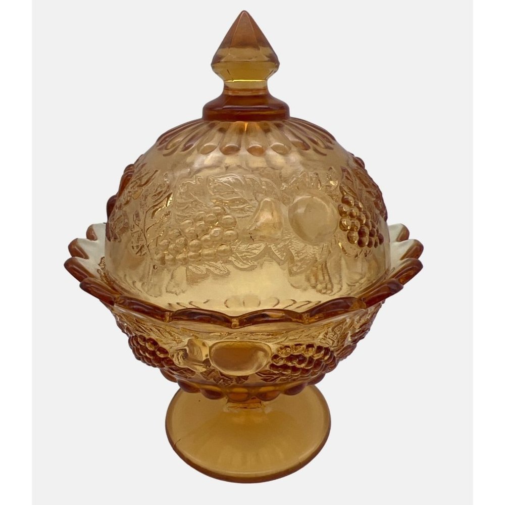 Vintage Westmoreland Amber Glass Candy Dish with Lid Fruit & Leaves Pattern 7"